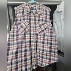 Patriotic Plaid Sleeveless Button Down Tank Top Shirt, 2XL